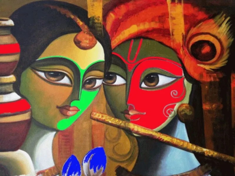 Stylised Radha and Krishna faces in green and red, with a flute, a clay matka and lotus buds