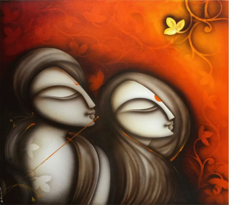 A contemporary portrait of Radha and Krishna in soft sepia and grey, against a glowing orange swirl, with a butterfly