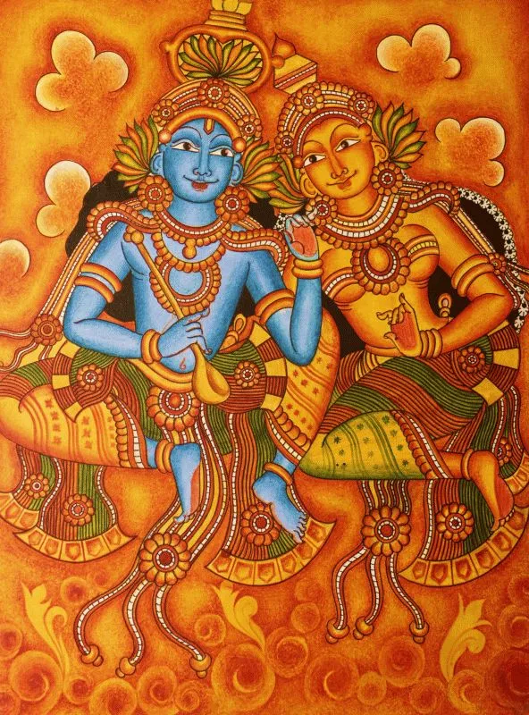 Radha and Krishna seated together in the ornate style of a Kerala mural, in orange, gold and blue
