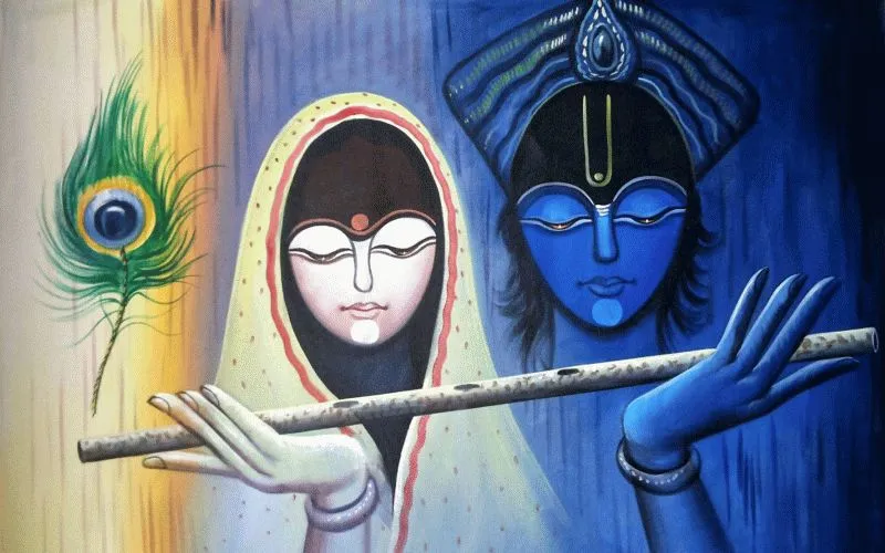A modern portrait of a veiled Radha in white beside a deep-blue Krishna playing his flute, with a peacock feather
