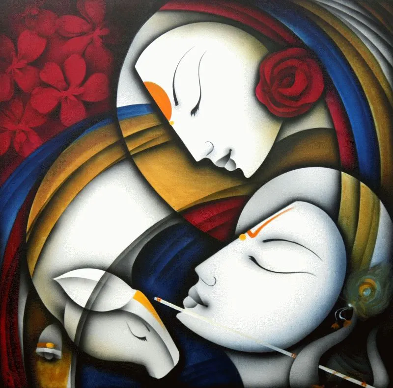A cubist Radha with a red rose and Krishna with his flute, in white, red and deep blue planes