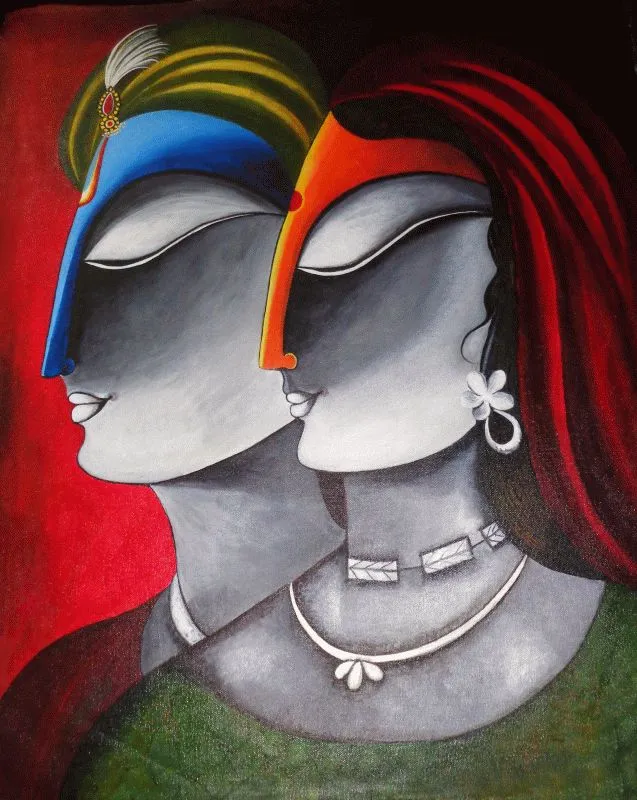 Two grey-toned profiles of Radha and Krishna wearing bold blue and red headdresses