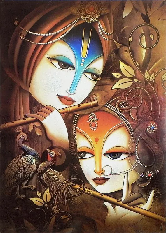 A decorative portrait of Krishna with his flute above Radha, with peacocks and ornate scrollwork in warm browns