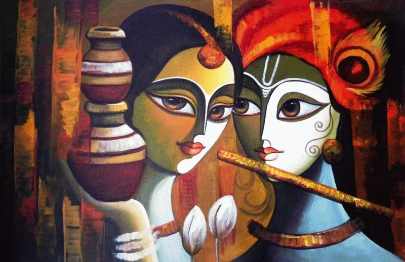 Stylised Radha and Krishna faces with a clay matka, a flute and lotus buds, Krishna in a red turban