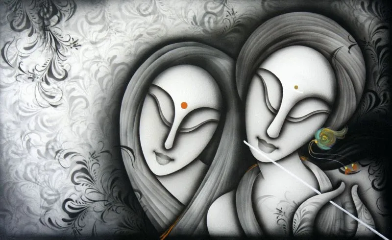 A monochrome portrait of Radha and Krishna in soft greys, with a flute and white floral swirls