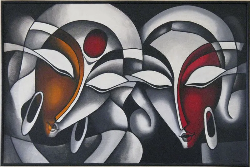 A cubist Radha and Krishna in grey and black planes with deep red accents