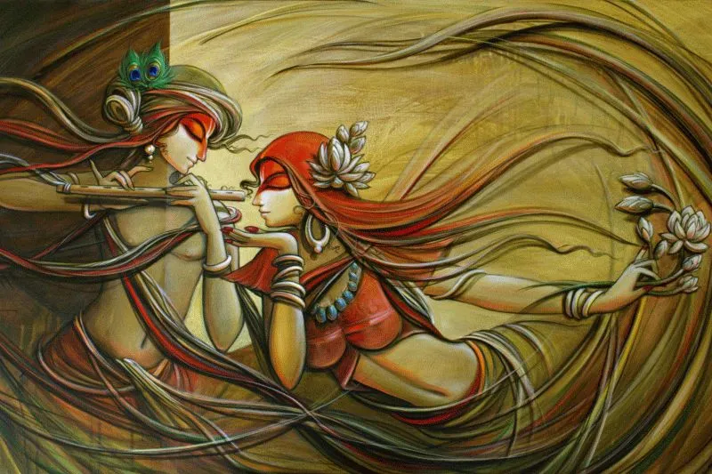 Radha and Krishna with flowing hair and garments sweeping in golden-olive swirls as Krishna plays his flute