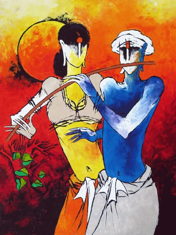 A bold modern Radha in yellow and Krishna in blue playing his flute, against a red sun