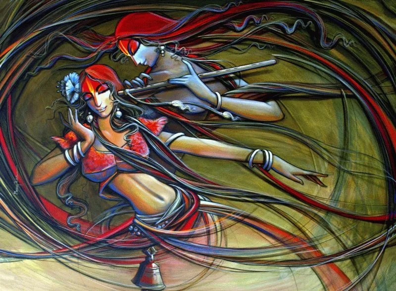 Radha dancing as Krishna plays his flute, their forms swept into dark swirling lines on olive