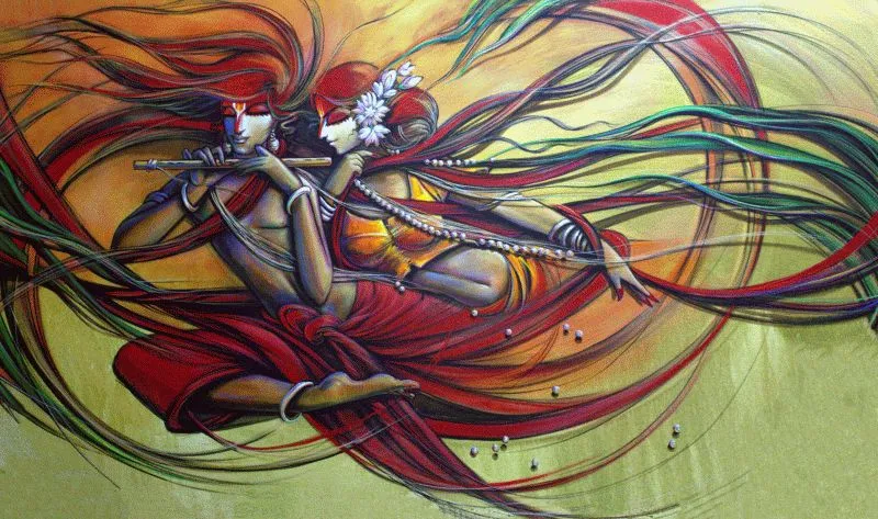 Radha and Krishna sweeping horizontally through a whirl of red and olive lines as Krishna plays his flute