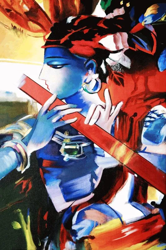 An expressive close-up of Krishna playing his flute, in bold blue and red brushwork