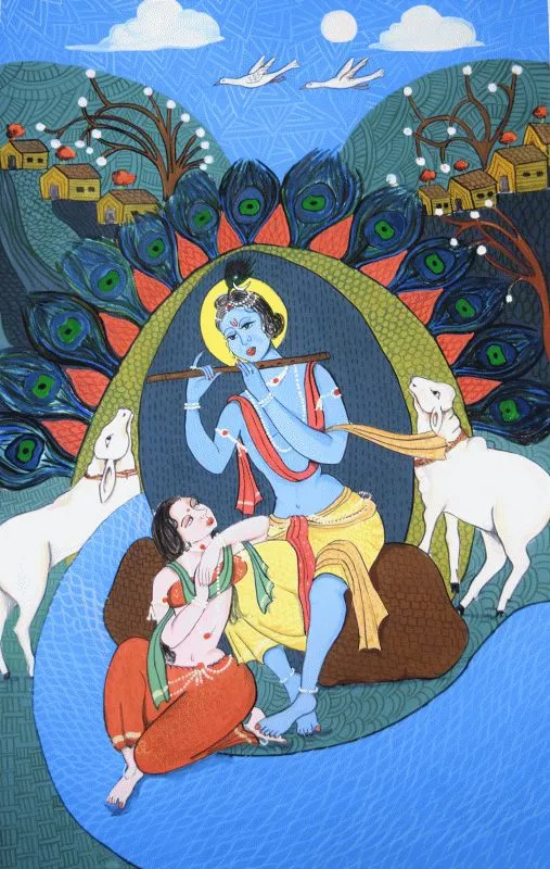 A folk-style Krishna playing his flute beside Radha, with cows and calves and a peacock-feather halo