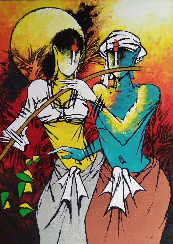 A bold modern Radha in yellow and Krishna in teal playing his flute, against a red sky and sun