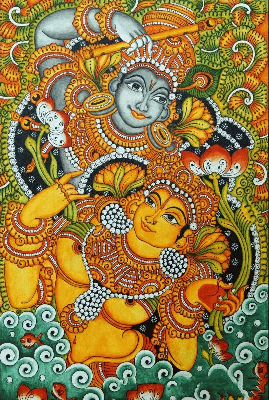 Radha and Krishna intertwined in an ornate Kerala mural, rich with green, gold and jewelled detail
