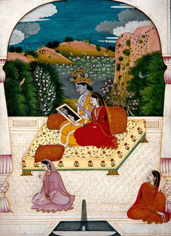 A miniature-style painting of Radha and Krishna seated on a palace terrace, with attendants and hills beyond