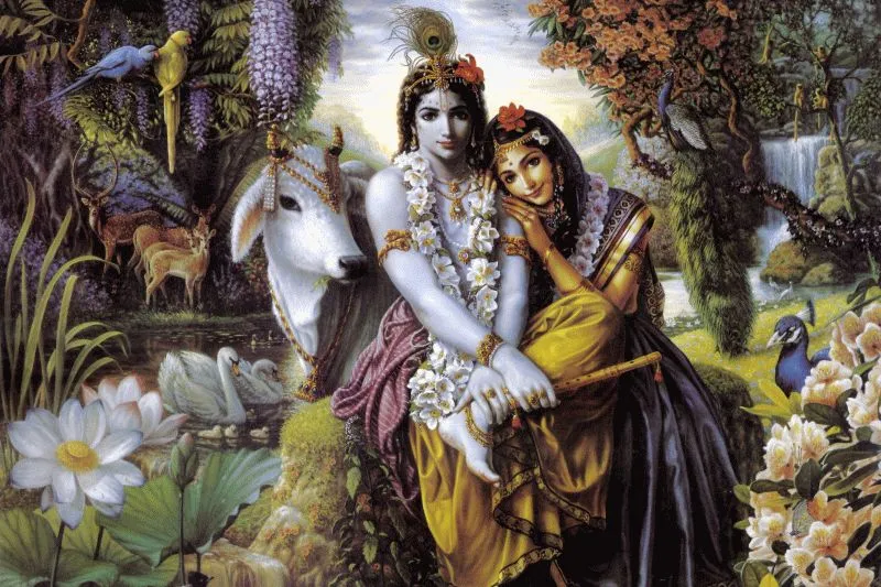 Radha and Krishna embracing in a lush forest, with a white cow, deer, peacock, lotus pond and waterfall