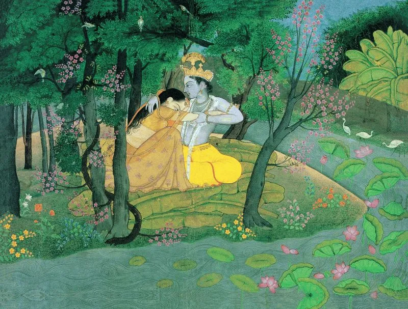 A miniature-style scene of Radha and Krishna seated together in a green forest grove by a lotus pond