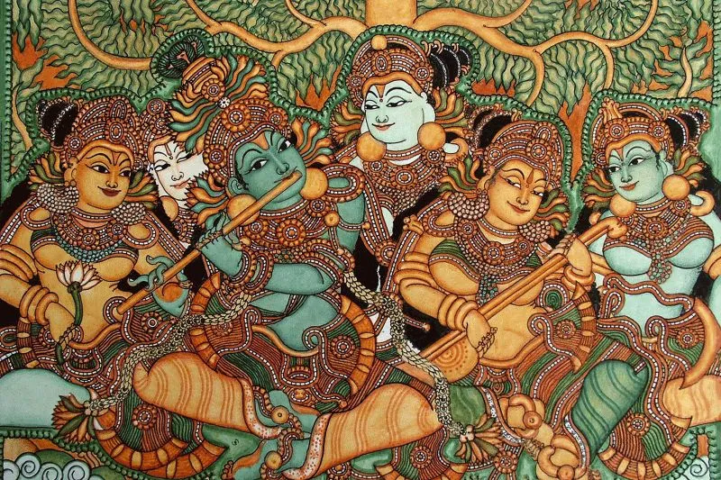 A Kerala mural of Krishna among the gopis, playing instruments in a dense green and orange composition