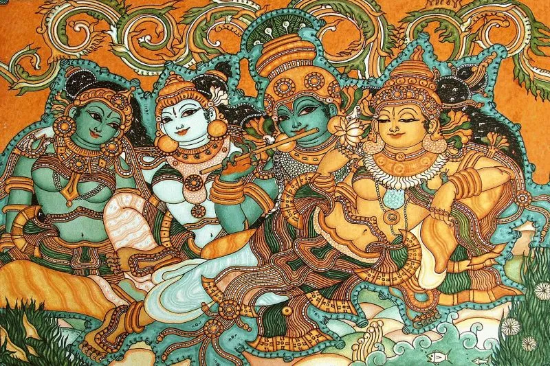 A Kerala mural of Krishna and the gopis gathered together on a warm orange ground