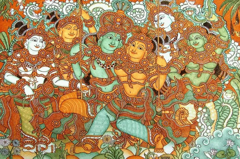A Kerala mural of Krishna and the gopis in dance, in white, orange and green