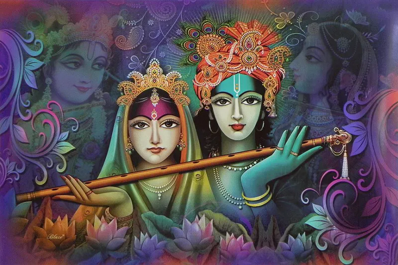 Radha and Krishna's faces side by side above lotus blooms, Krishna's flute crossing a purple ornamental ground