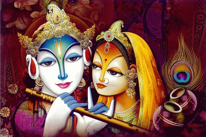Large stylised faces of Radha and Krishna with a flute, a peacock feather and a matka on deep maroon