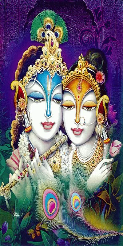 Stylised Radha and Krishna faces with a flute and peacock feathers, in a tall violet composition