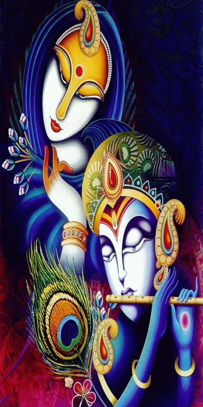 Sweet, stylised Radha and Krishna faces in gold and blue with a peacock feather and flute, in a tall format