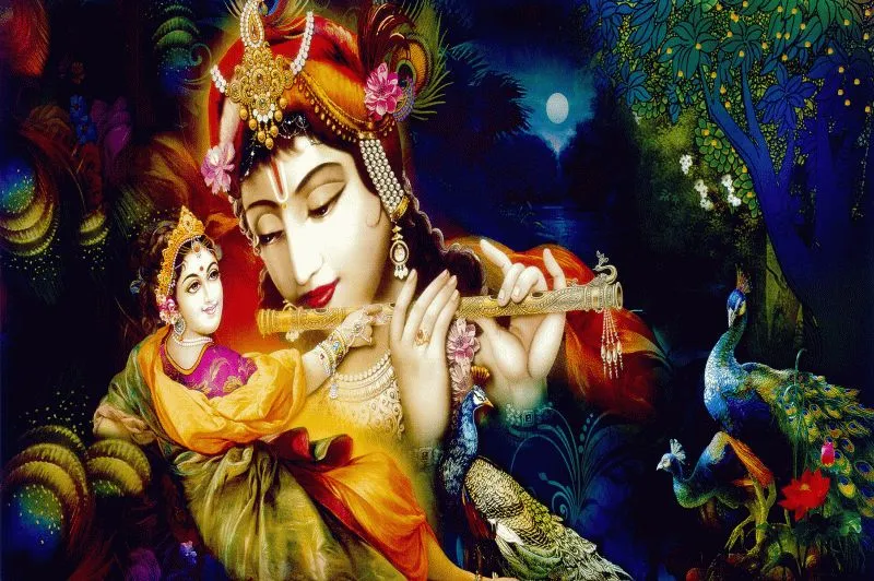 Krishna playing his flute as Radha leans against him in a moonlit garden, with a peacock nearby