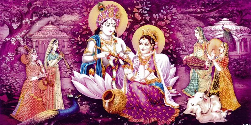 A wide panoramic scene of Radha and Krishna on a lotus with gopis, a cow and a matka, in rich magenta