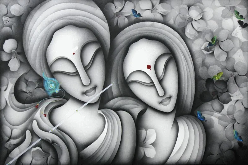 A monochrome Radha and Krishna in soft greys against a floral background, with tiny touches of colour