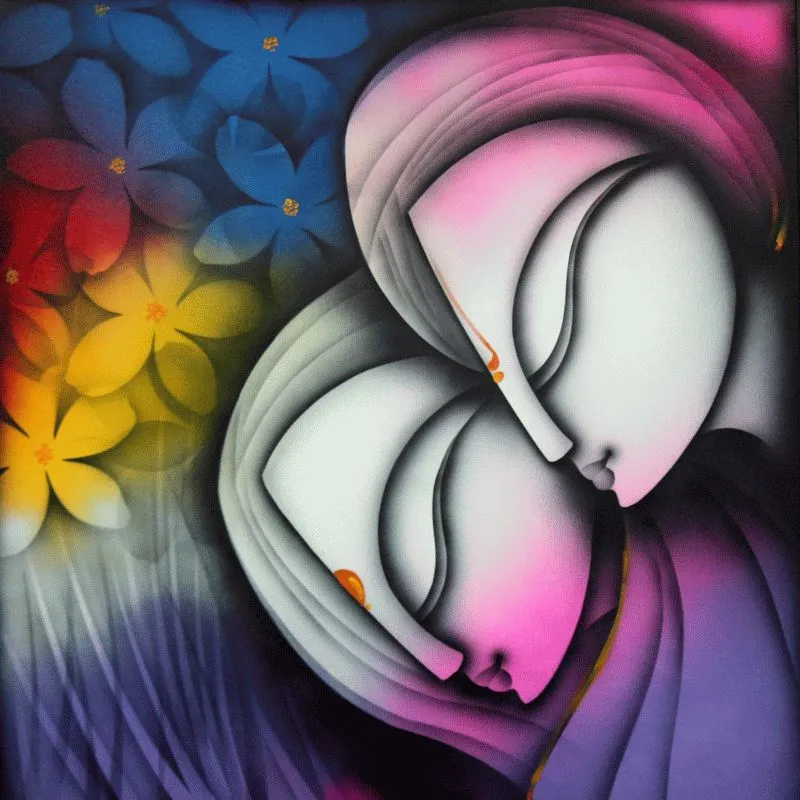 A modern portrait of Radha and Krishna cheek to cheek, in soft white with pink and blue, surrounded by colourful flowers