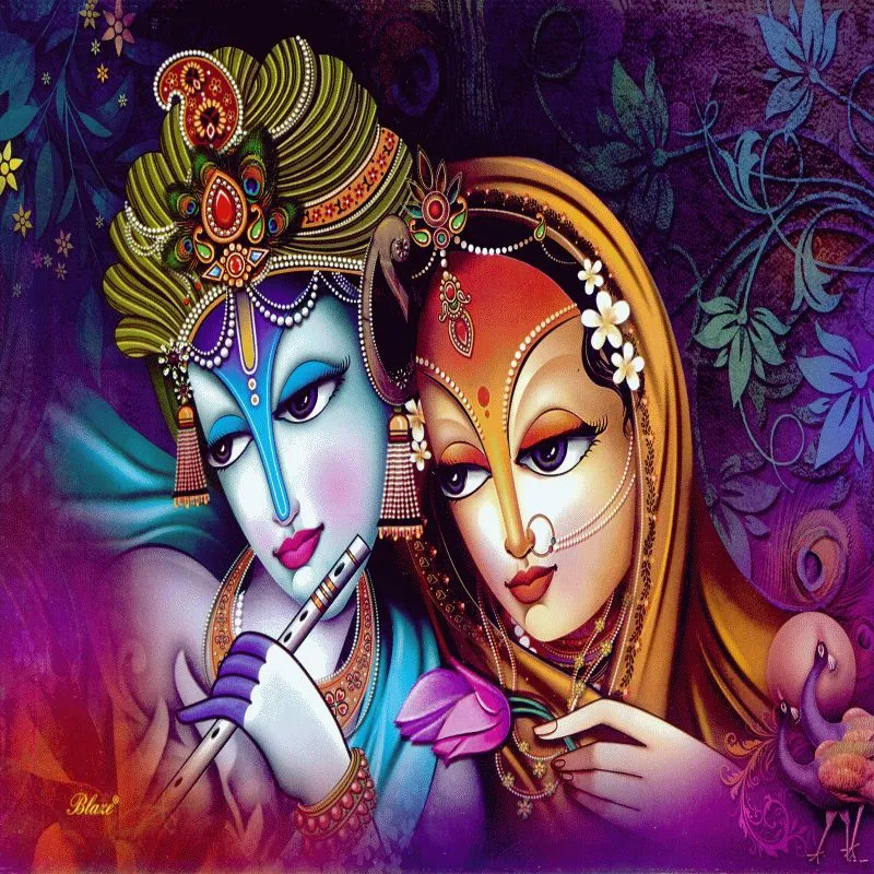 Stylised Radha and Krishna faces with a flute and lotus on a deep purple floral ground