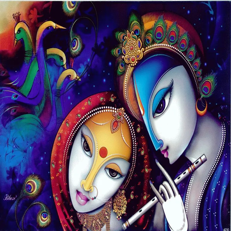 A close portrait of Radha and Krishna with a flute and peacocks, in deep blue and violet