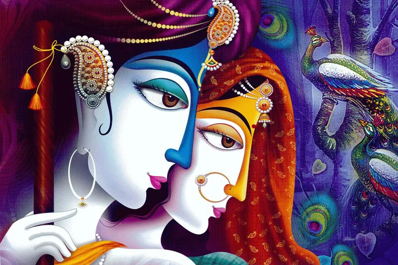 Radha and Krishna in profile with a flute, a peacock perched beside them on a violet ground