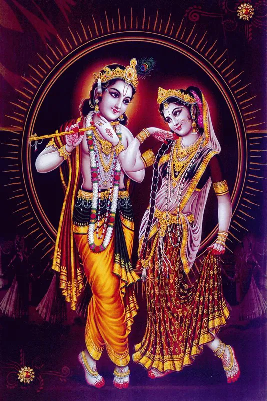 Radha and Krishna standing together inside a radiant golden ring on a dark background