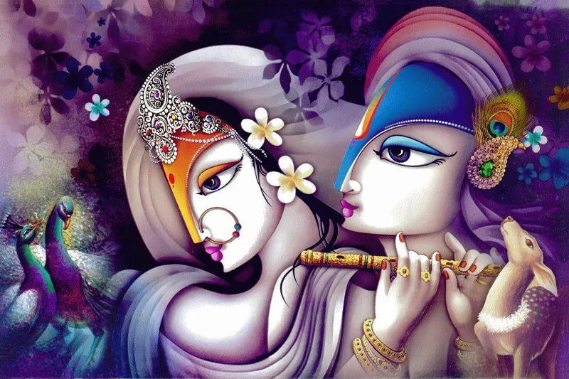 Radha and Krishna in profile, Krishna playing his flute, framed by white blossoms and a peacock