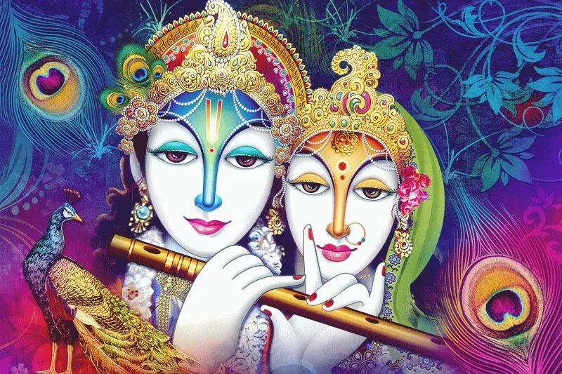 Radha and Krishna's crowned faces with a flute and a peacock, in teal, pink and blue