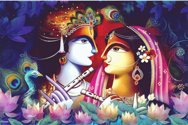 Radha and Krishna in profile above lotus flowers, Krishna playing his flute against a dark night ground