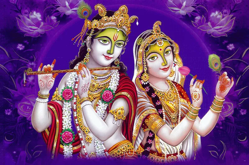 Radha and Krishna shown to the waist, Krishna playing his flute, against deep violet with lotuses