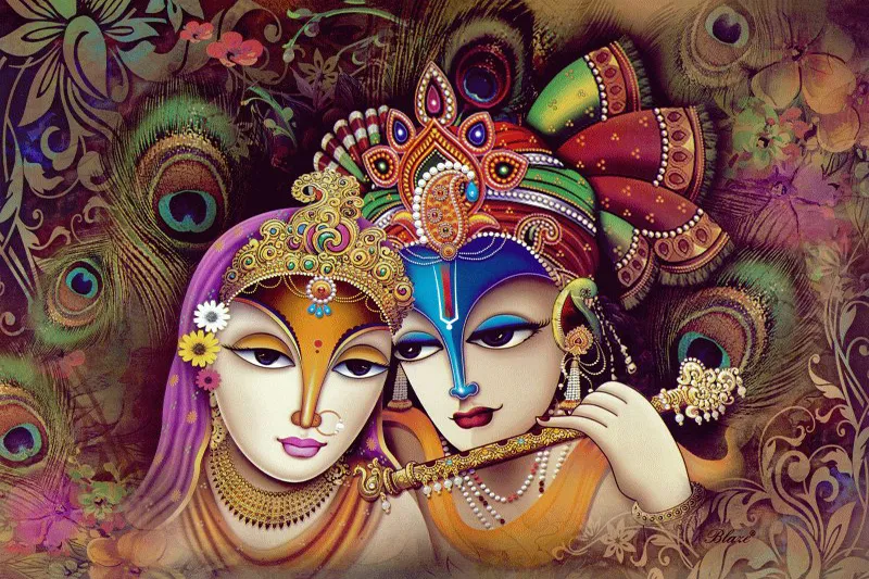Radha and Krishna's faces with a flute among peacock feathers and warm brown florals