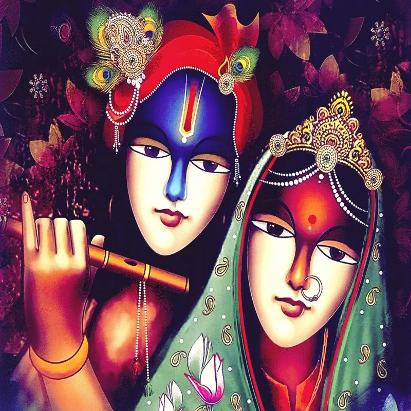 A close portrait of a blue Krishna with his flute and a red-toned Radha, against dark florals
