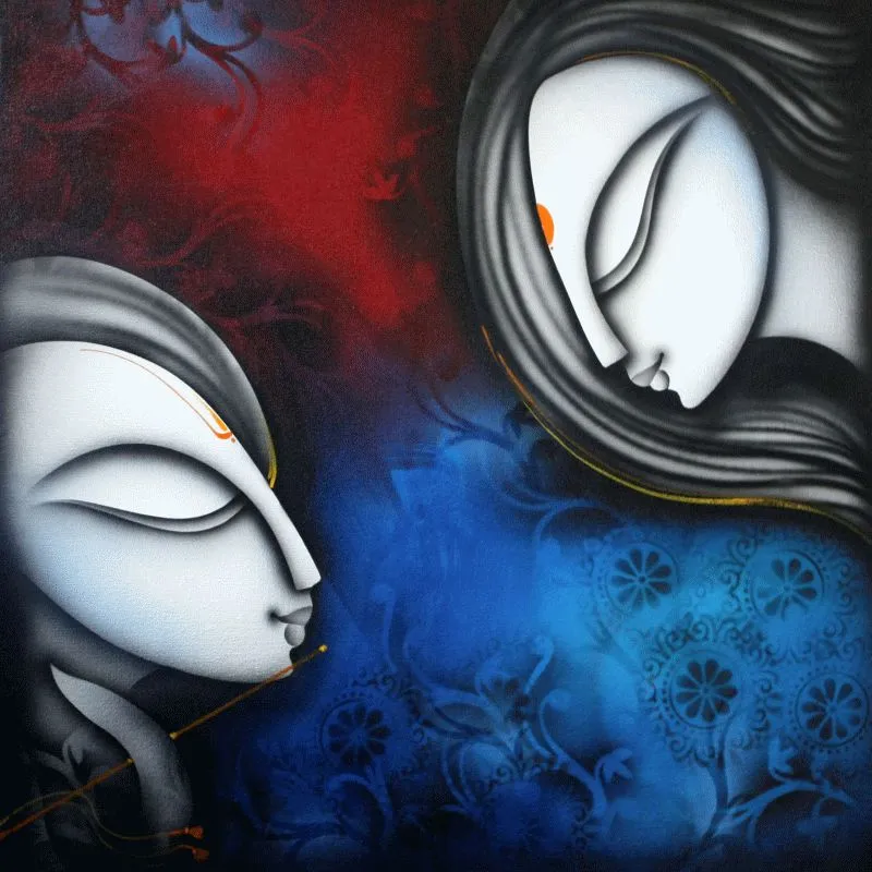 Two pale stylised faces of Radha and Krishna against a smoky red and blue background