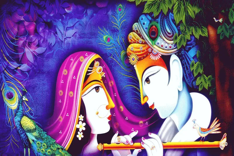 Radha and Krishna in profile with a flute and a peacock, in indigo and violet foliage
