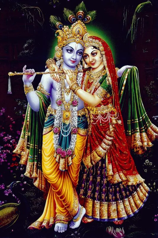Radha and Krishna standing in an embrace, Krishna with his flute, against a deep night-dark background