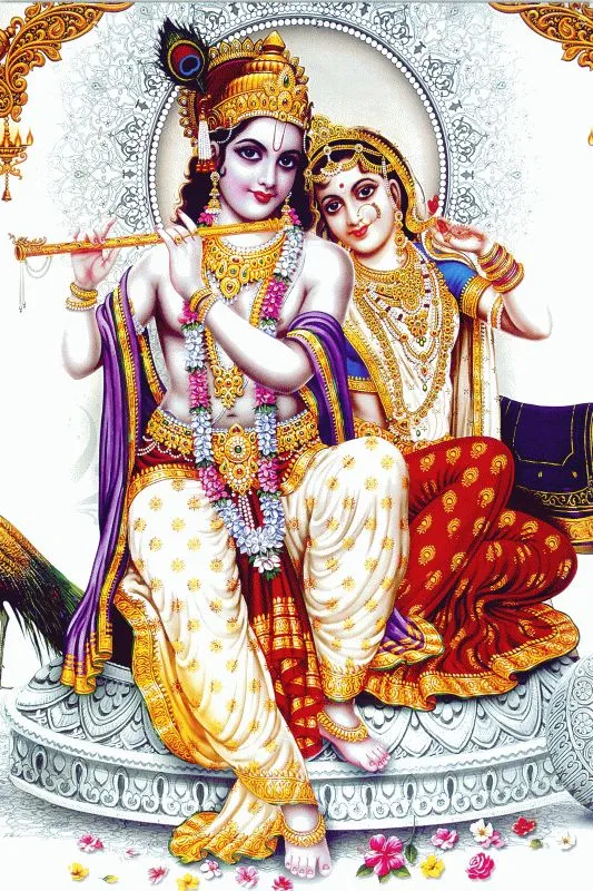 Radha and Krishna seated together on a carved bench before a soft white mandala, Krishna playing his flute