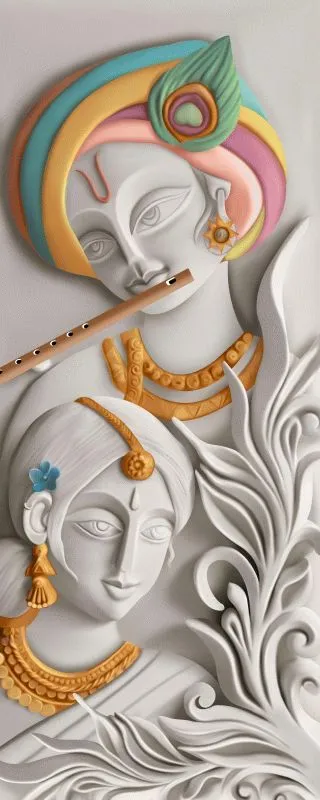 Radha and Krishna's faces in ivory relief, Krishna playing his flute, with turquoise and saffron accents and carved white florals