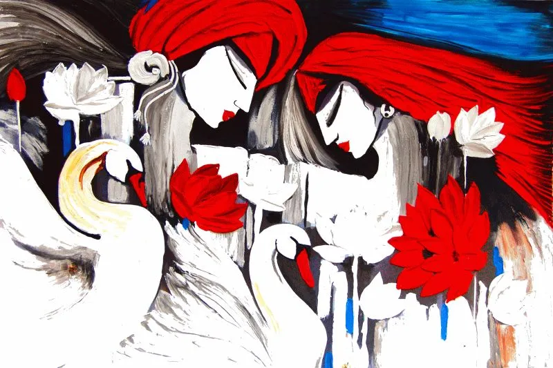 A bold modern Radha and Krishna in red turbans among red lotuses and white swans, on a white ground