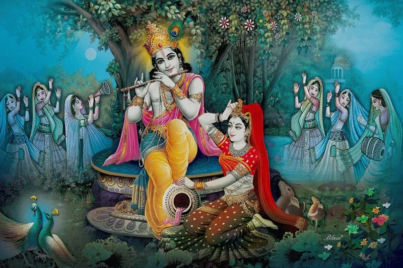 Krishna playing his flute beneath a tree as Radha listens, with gopis and a peacock in a teal forest