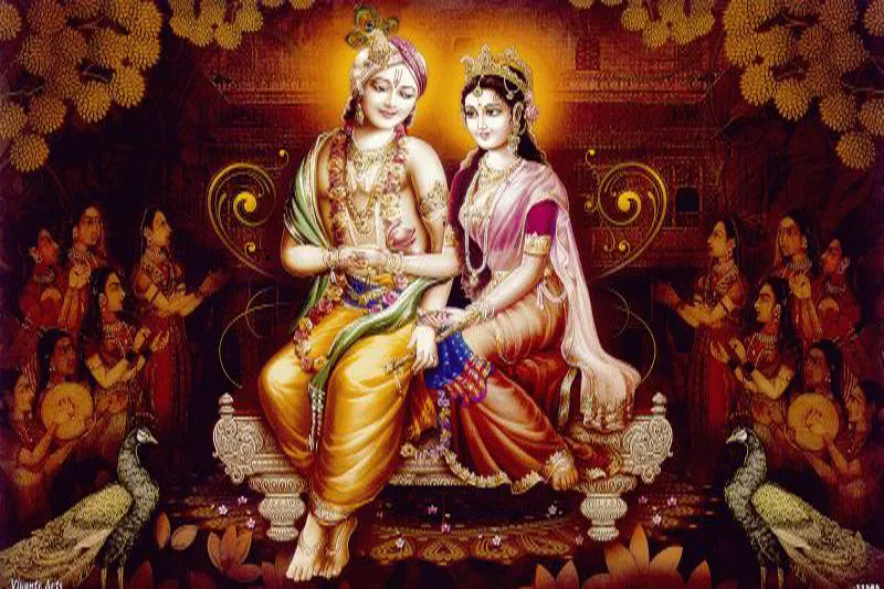 Radha and Krishna seated on a golden throne, surrounded by gopis and peacocks in a warm, glowing court